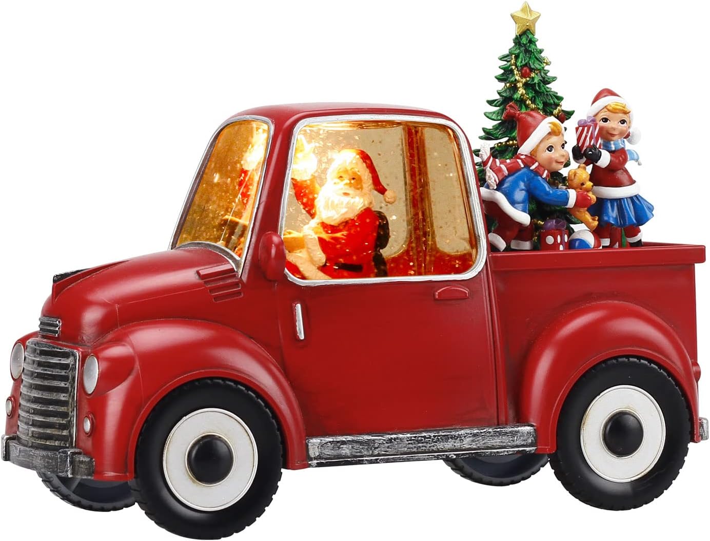 Snow Globes - Christmas Snow Globe with Lights & Music - Vintage Red Pickup Truck Design, Santa Claus with Christmas Tree and Elves, 6-Hour Timer, Battery or USB Powered for Holiday Decor