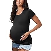 Happy.angel Maternity Shirts Short Sleeves Women's Pregnancy Top Tees Crew Neck Side Ruched Tunic Blouses Summer Clothes
