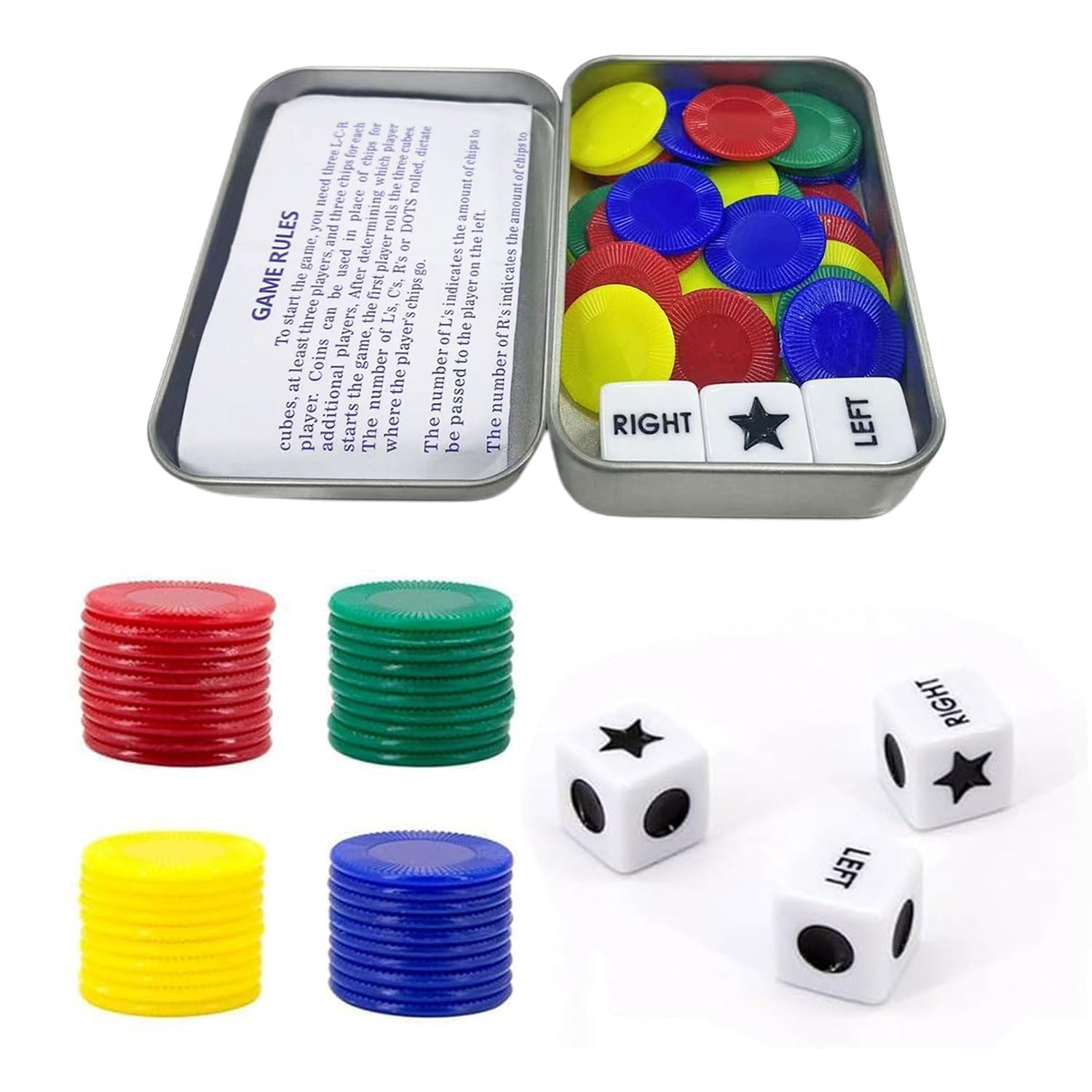 Left Right Center Game, Funny Set 3Pcs Dice and 40Pcs Colorful Chips Left Right Centre Dot Board Sets for Party Family Friends Gatherings