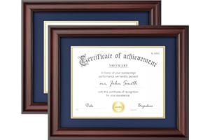 Yaetm Mahogany 11x14 Diploma Frame, Certificate Frame with Tempered Glass, Display 8.5x11 Document with Blue Over Gold Acid-free Mat or 11 x 14 without Mat, Wide Molding (2 Pack, Mahogany/Blue)