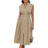 GRACE KARIN Womens Summer Casual Dress, Business Office Work Dresses, Cap Sleeve Zipper Front Flowy Midi Dress with Pockets