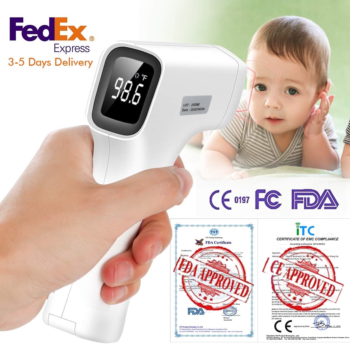 Digital Non-Contact Ear Forehead Thermometer Gun with LED Display for Baby Adult IR Infrared Temperature Measurement, Surface of Objects with CE and FCC Approved