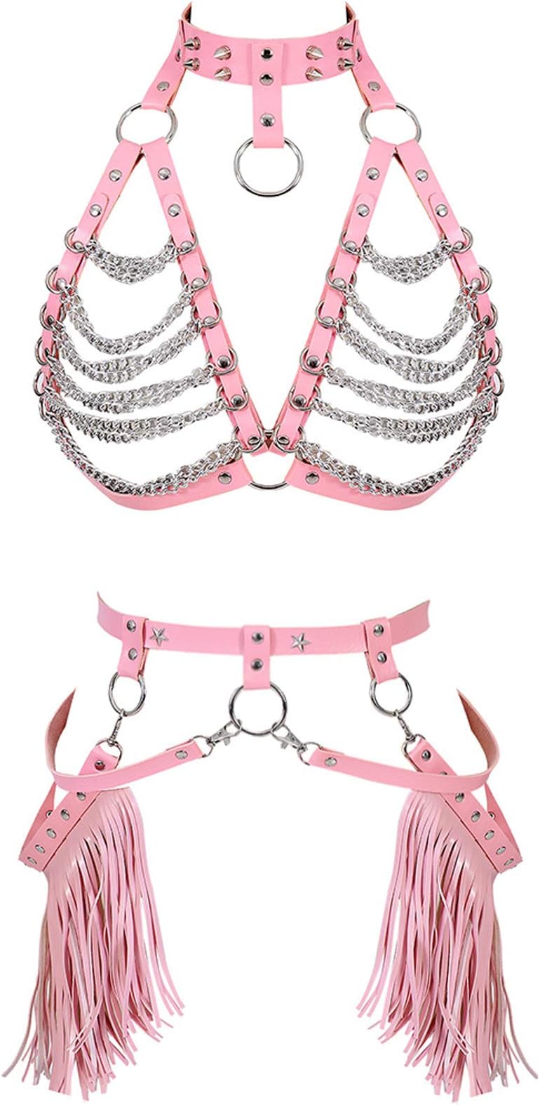 PETM·HS Womens Body Cage Waist Harness Leather Belt Metal Chain Body Tassel Punk Festival Dance Rave Costumes Lingerie Garter Belts