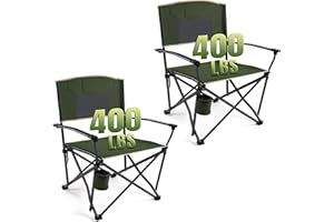 DMH OUTDOORS 2PCS Oversized Folding Camping Chairs for Adults Heavy Duty Camp Chair Support 400 LBS Steel Frame Metal Arm Lawn Chairs with Swivel Cup Holder, Extra Large Outdoor Chairs Green