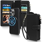 Harryshell 2 in 1 for iPhone 11 Pro Max Wallet Case Magnetic Compatible with Magsafe RFID Blocking Card Holder Detachable Phone Cover Zipper Purse Kickstand Wrist Strap for Men Women 6.5" 2019 Black