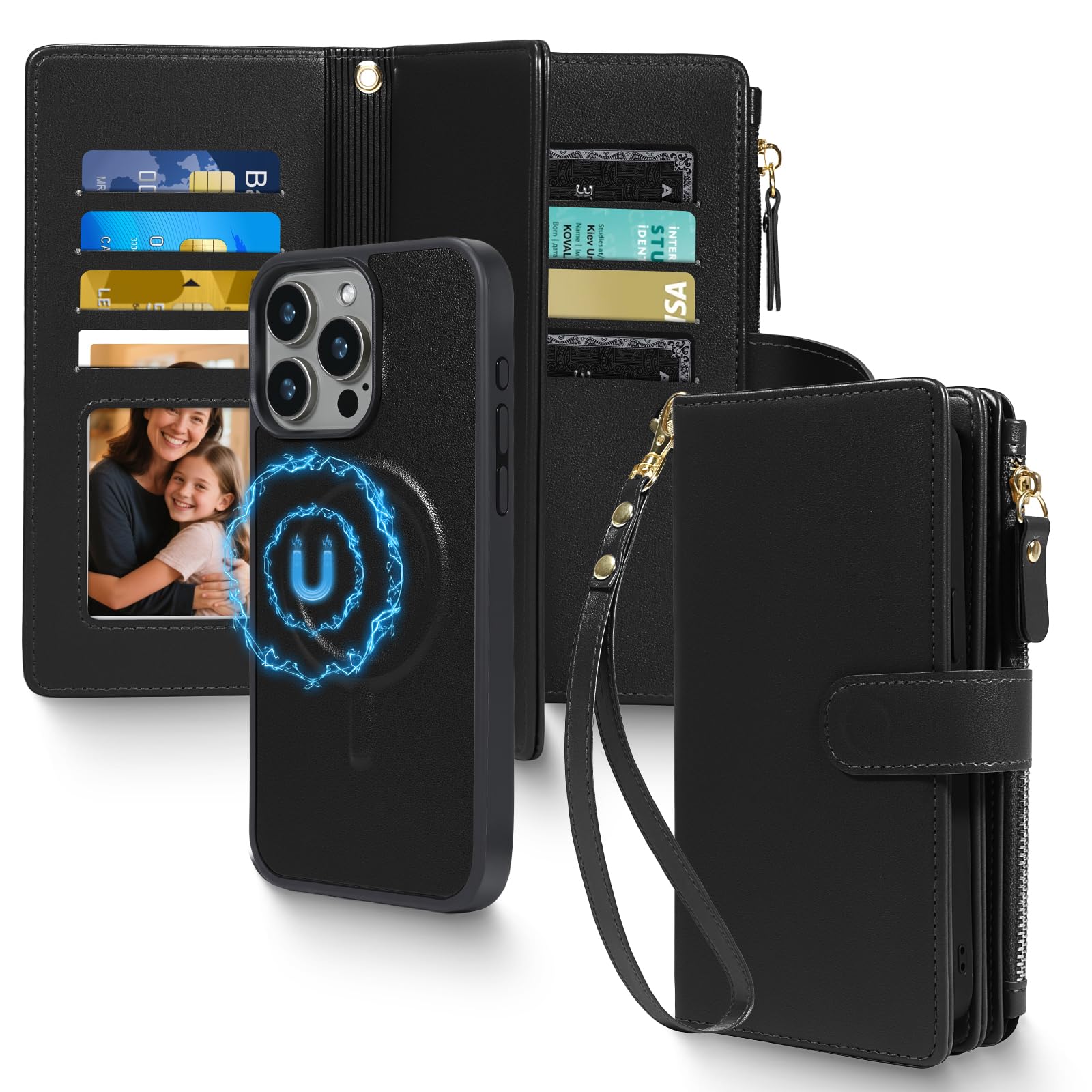 Harryshell 2 in 1 for iPhone 16 Wallet Case Magnetic Compatible with Magsafe RFID Blocking Card Holder Detachable Phone Cover Zipper Purse Kickstand Wrist Strap for Men Women 6.1" 2024 Black