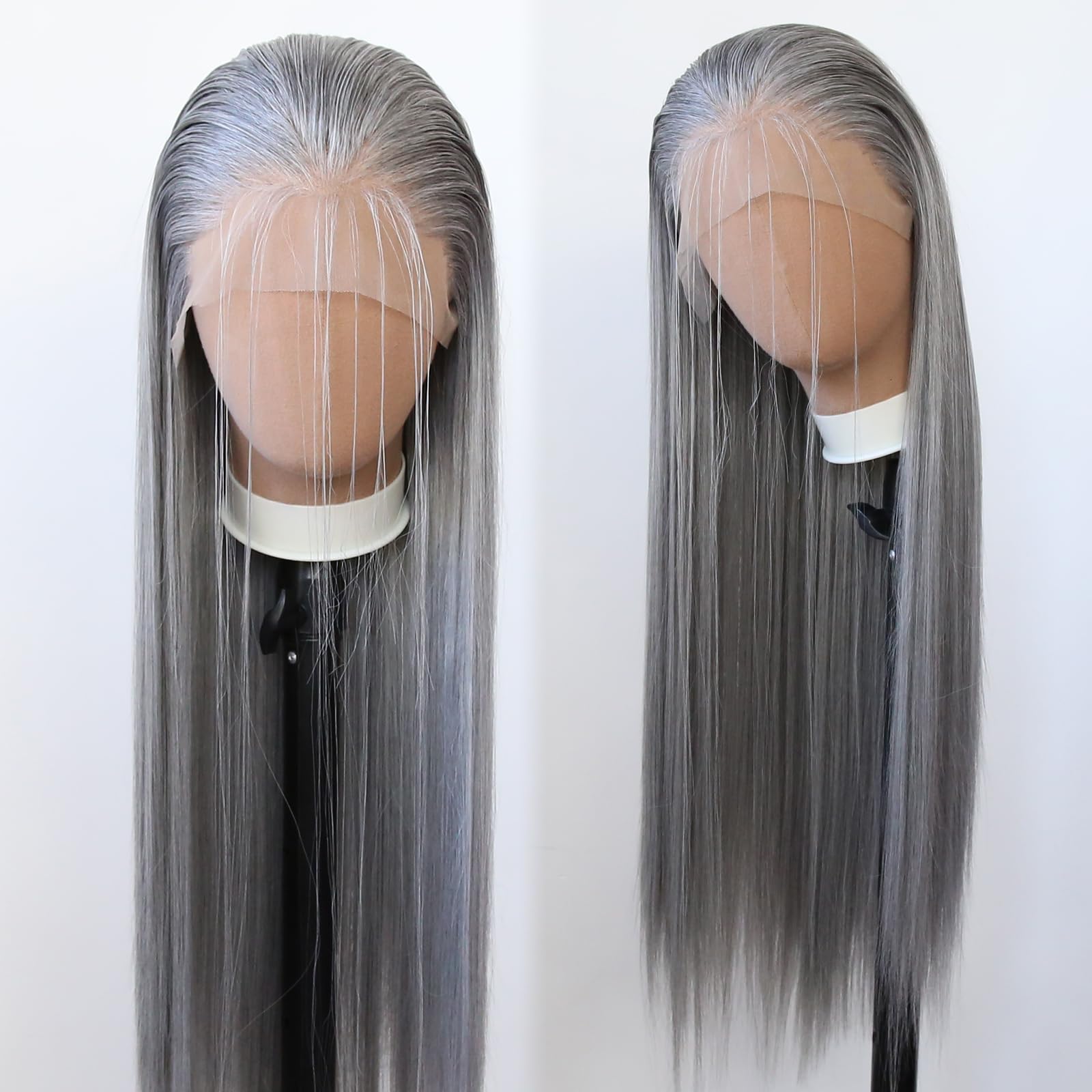Towarm Grandma Grey Wig Long Straight Medium Grey Synthetic Lace Front Wigs Pre Plucked Natural Hairline for Black Women Heat Resistant Fiber Hair Cosplay Daily Wear โ image 1