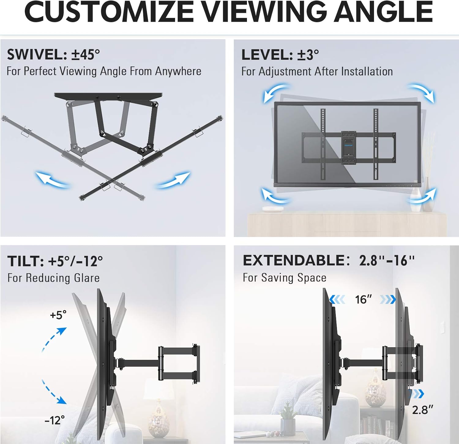 MOUNTUP TV Wall Mount, Full Motion TV Mount Swivel and Tilt for 42-70 Inch Flat Screen/Curved TVs, Articulating Wall Mount TV Bracket with Max VESA 600x400mm, Holds up to 100lbs, Fits 12" 16" Studs: Electronics
