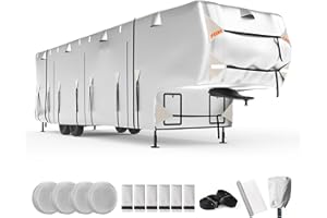FRUNO Oxford Cloth 5th Wheel RV Cover Fits 33'-37' Waterproof Rip-Resistant Anti-UV Fifth Wheel Toy Hauler Camper Cover for Winter Snow with Jack Cover 4 Tire Covers and Gutter Covers