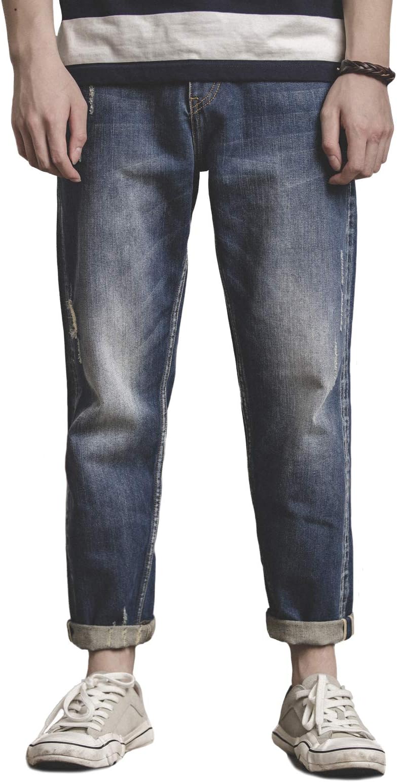 MADEN Men’s Distressed Cropped Washed Light Blue Jeans Regular Fit Mid-Rise