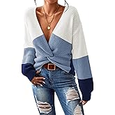 Pink Queen Women's 2025 Casual Pullover Sweaters Sexy V Neck Long Sleeve Twist Knot Cropped Knit Sweater Tops