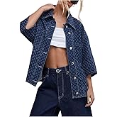 OYOANGLE Women's Embroidery Oversized Button Down Denim Jacket Half Sleeve Drop Shoulder Jean Coat Outerwear