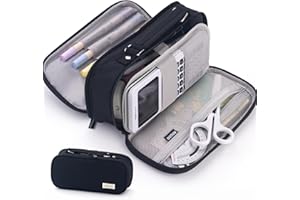 HVOMO Large capacity Pencil Pouch pencil case Double Zipper Storage Bag 3 Compartments Portable Multifunctional bag Desk Organizer School Marker Pen Case(Black)