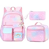 Uamdrup Girl Backpack for School Kids, Pink Cute Bookbag with Lunch Box Rainbow Elementary School Bag Pencil Case (Pink,3Pcs Set)
