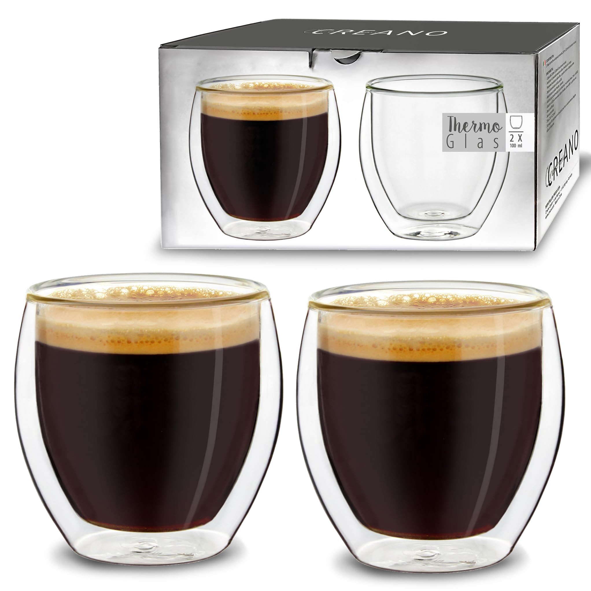 Creano Double Walled Espresso Glasses 100ml - Insulated Coffee Cups - Handmade Heat Resistant Mugs - 2 pcs (Pack of 1)