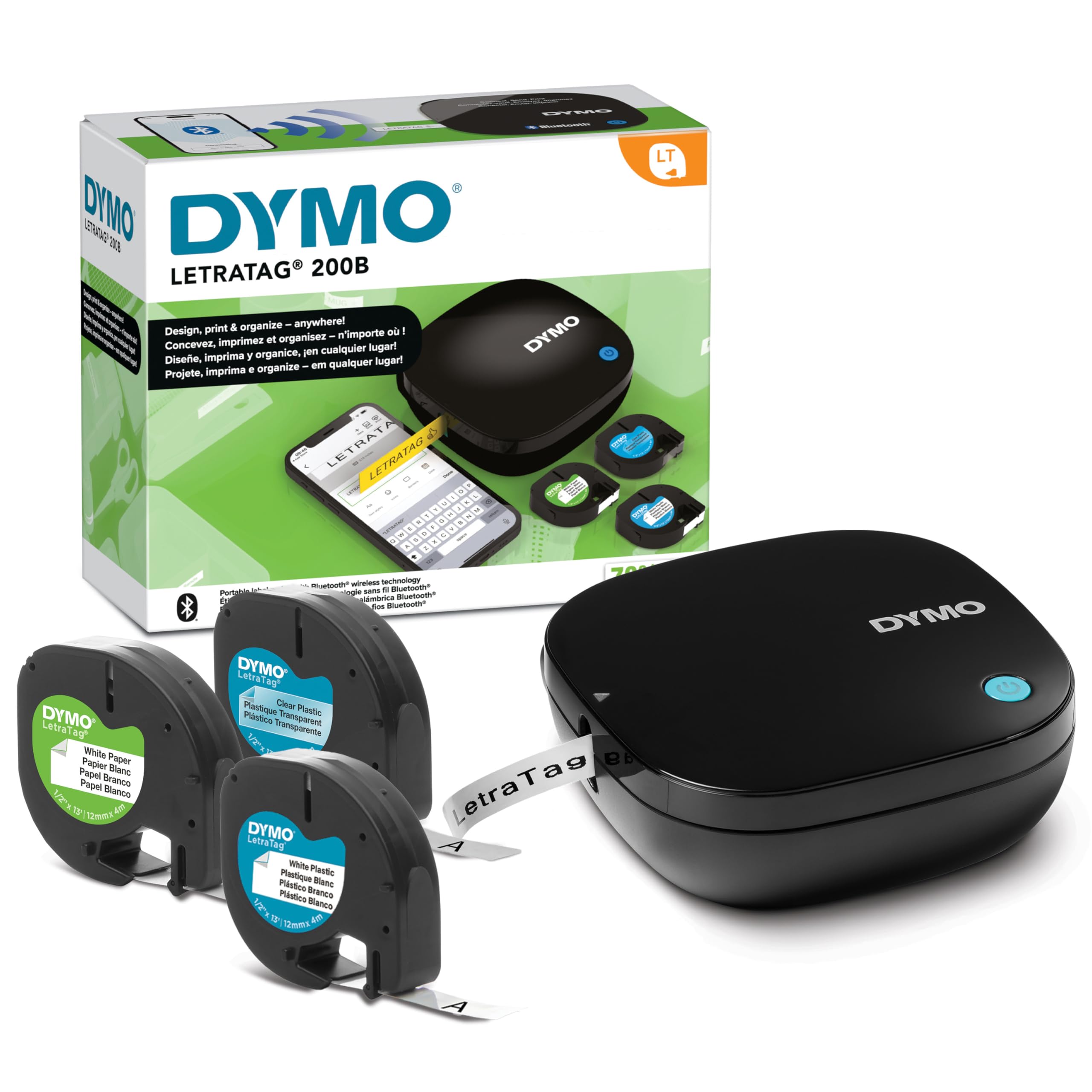 DYMO LetraTag 200B Bluetooth Label Maker Value Pack | Compact Label Printer | Connects Through Bluetooth Wireless Technology to iOS and Android | Includes 3 Assorted Label Tapes