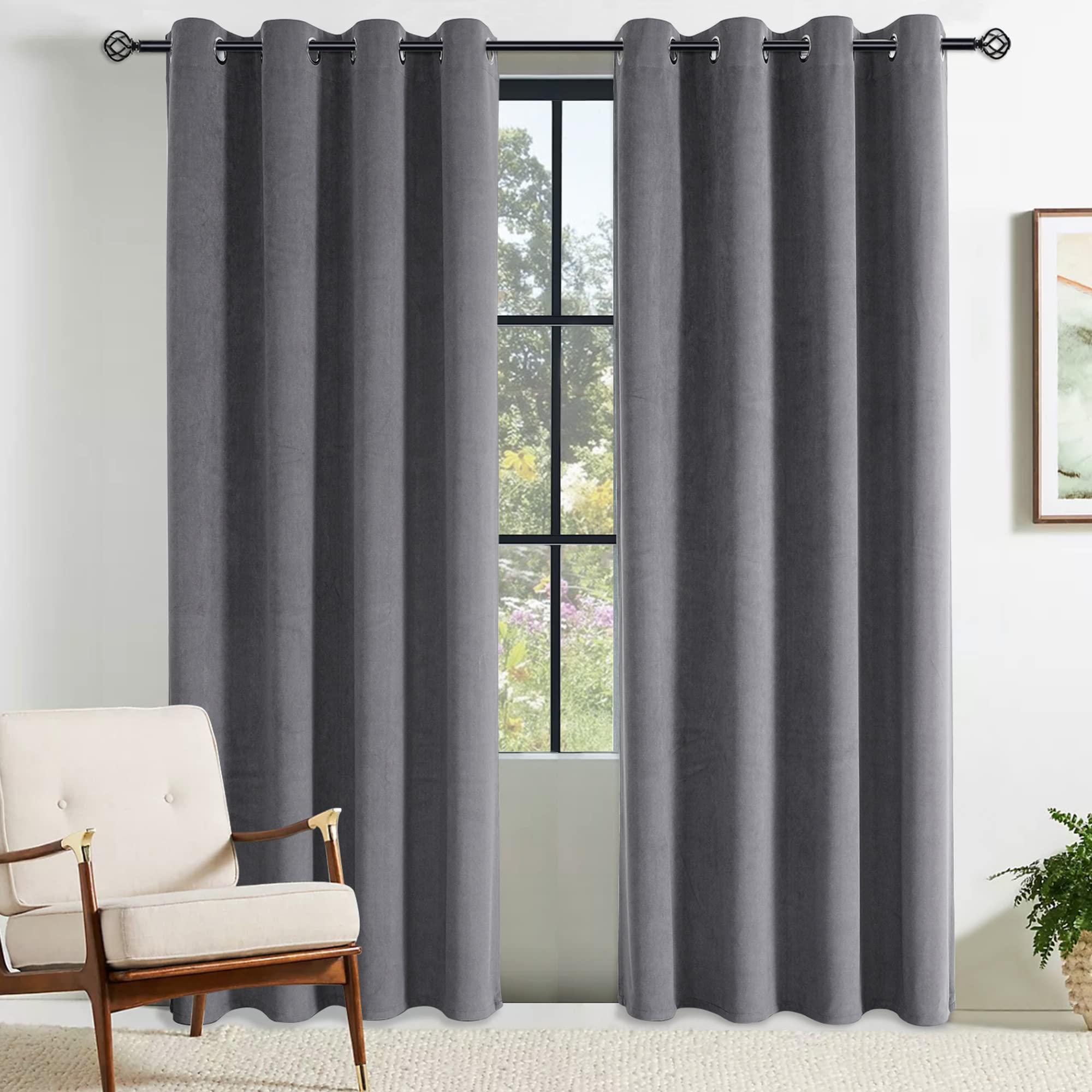 CUCRAF Velvet Curtains Full Blackout Curtains With Eyelets Stylish Luxury Velvet Blackout Curtain For Living Room Set of 2 Dark Grey 46" x 90"(W x L)