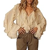 LETSVDO Women's Ruffle Chiffon Tops Puff Sleeve Sheer See Through Button Down V Neck Bubble Loose Casual Blouses Shirts
