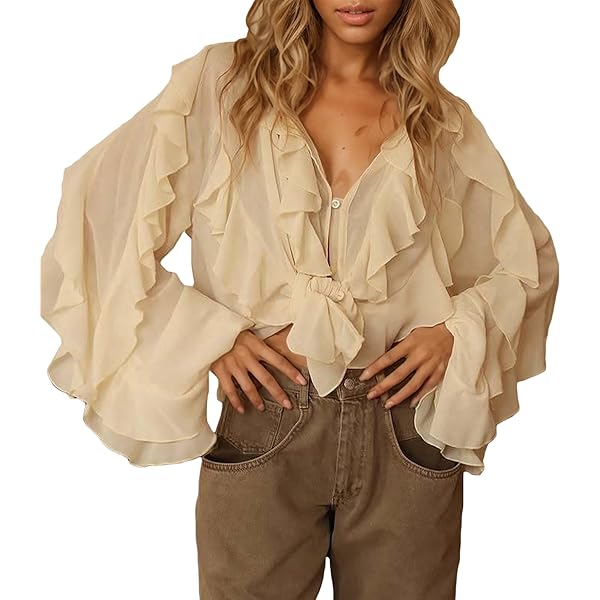 Amazon.com: Women Chiffon Ruffle Shirt Long Sleeve Mesh Layered