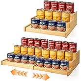 Sofzy Expandable Bamboo Can Organizer Rack for Pantry Cabinet, 3-Tier Adjustable Can Storage Holder, Soda Organizer Holds Up to 24 Cans, Canned goods Storage Display for Countertop