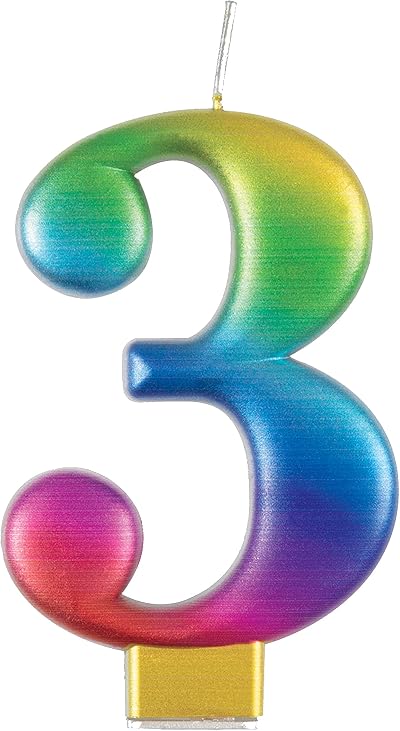 Unique Metallic Rainbow Number 3 Birthday Candle 3D Topper