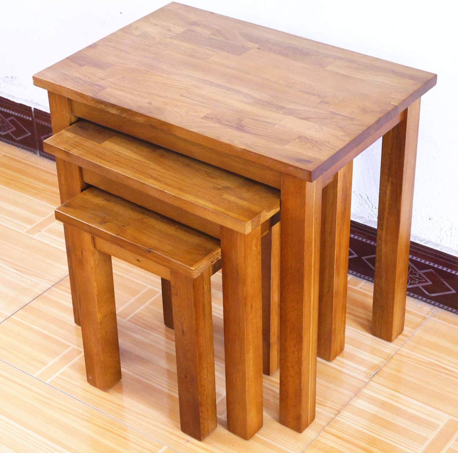 KendyOak Oak Rustic Solid Nest of 3 Tables Coffee Table Small Wooden Side/End/Lamp/Nesting Tables for Living Room: Kitchen & Dining