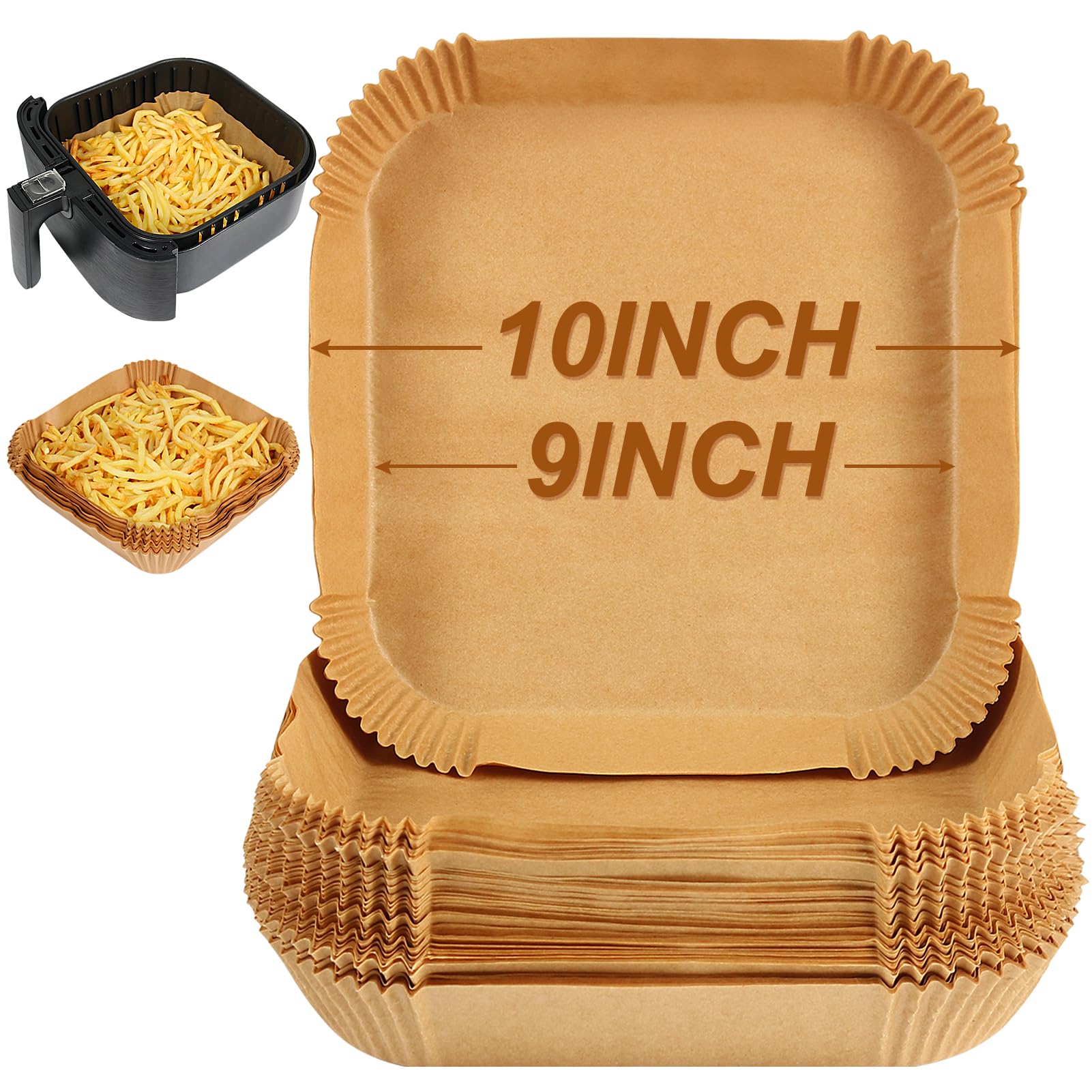 BYKITCHEN Air Fryer Paper Liners, 9 Inch Large Square Air Fryer Liners Disposable, Nonstick Air Fryer Parchment Paper Liners, Compatible with COSORI, Ninja, Tower (Unbleached, 50PCS)