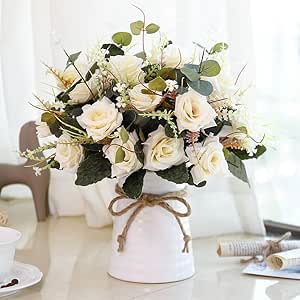 Amazon Com Yiliyajia Artificial Rose Bouquets With Ceramics Vase