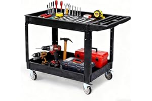 550LBS Utility Service Cart, 2 Tier Plastic Rolling Cart with 360° Swivel Wheels (with Brakes) & Ergonomic Storage Handle, Ut