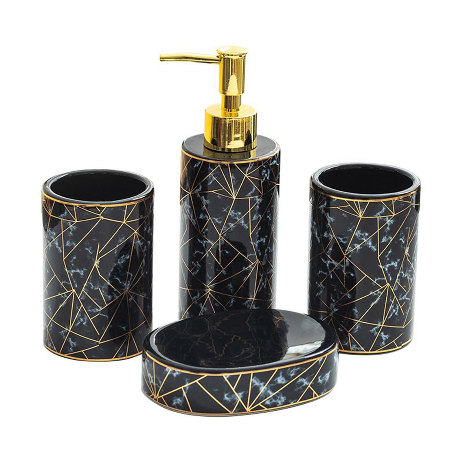 Soulnioi Bathroom Accessory Set, 4pcs Ceramic Bath Countertop Decoration Accessories with Toothbrush Holder, Mouthwash Cup, 300ML Lotion Dispenser and Soap Dish - Marble Black
