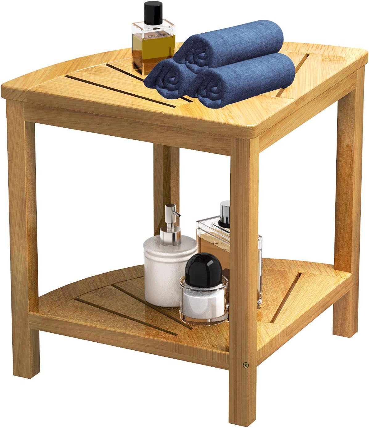 Shower Bench Stool Bamboo Mildew Proof Corner Storage with 2 Tier Large Organizer Space Perfect for Bathroom or Living Room