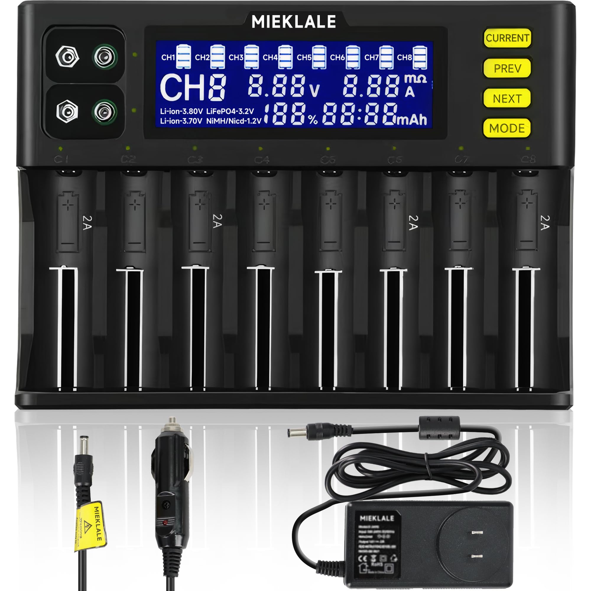 Photo 1 of 18650 Battery Charger, MIEKLALE 8+2 Bays Smart Universal Battery Charger with LCD Display for Rechargeable Batteries Li-ion LiFePO4 RCR123 16340 26650 10440 14500 & 9V, NiMH NiCd AAA AA(8+2Slots)