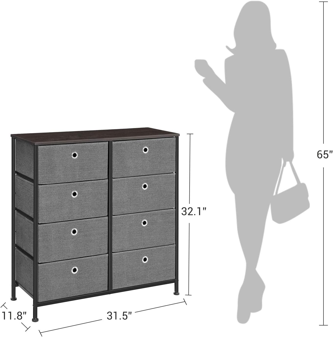 SONGMICS 4-Tier Wide Drawer Dresser, Storage Unit with 8 Easy Pull Fabric Drawers and Metal Frame, Wooden Tabletop for Closets, Nursery, Dorm Room, Hallway, 31.5 x 11.8 x 32.1 Inches, Gray ULTS24G: Home Improvement