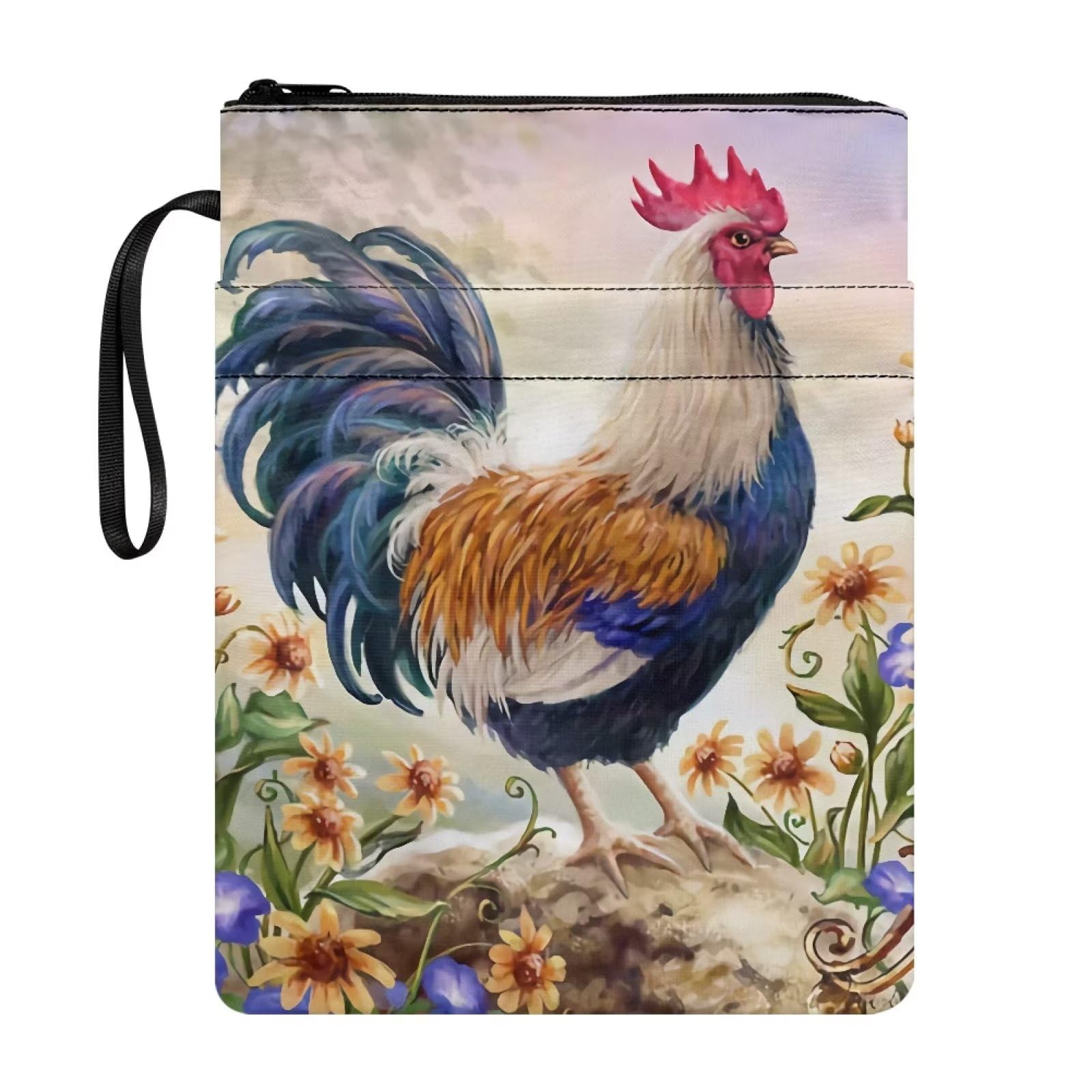ZIATUBLES Rooster Chicken Flower Print Book Sleeve for Hardcover Book Pouch Bible Storage Bag Book Cover for Book Lovers Classroom School Library Office Travel