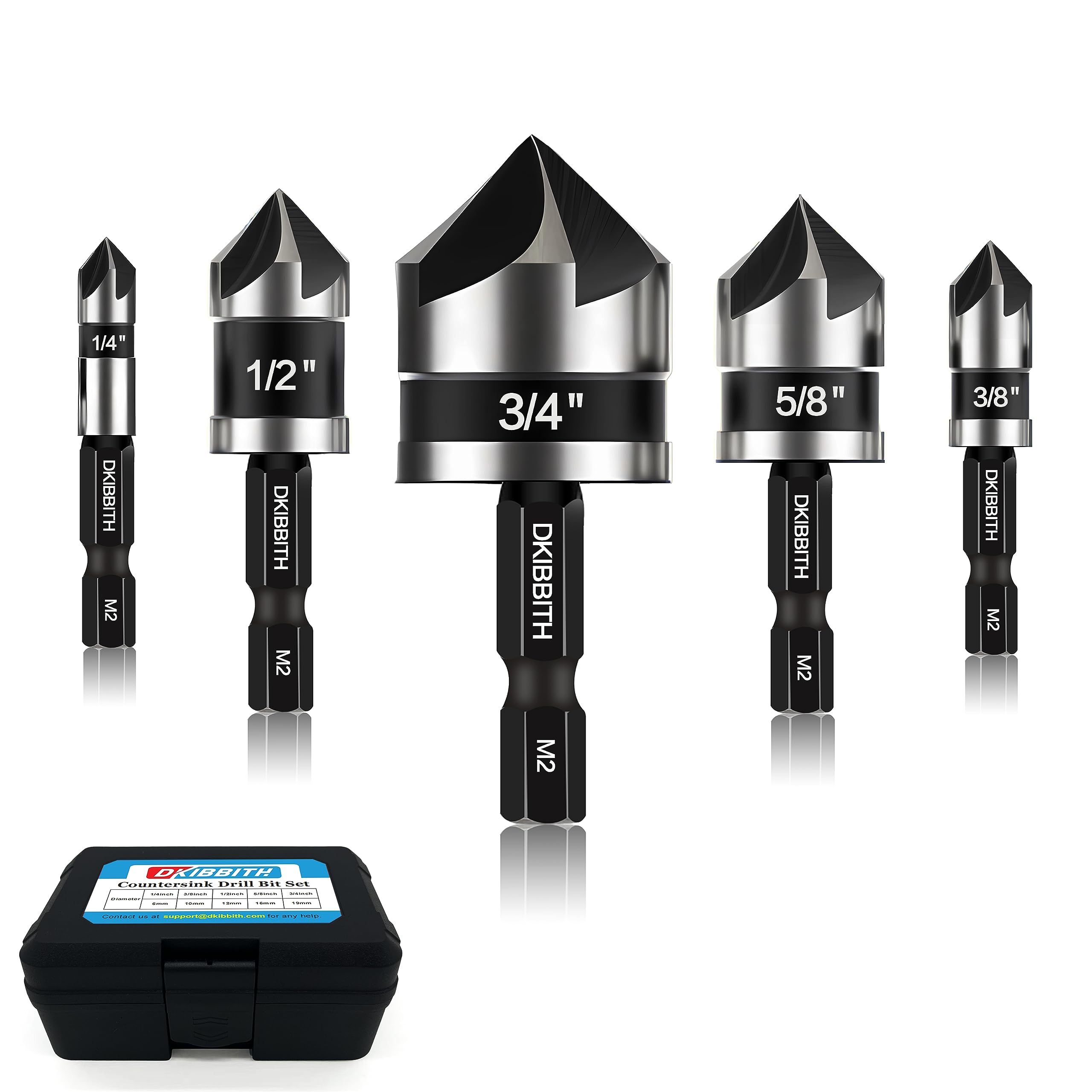 Photo 1 of Countersink Drill Bit Set 5-Piece, M2 HSS, 82 Degree, 5 Flute, ¼” Quick Change Hex Shank, 1/4” 3/8” 1/2” 5/8” 3/4” Sharp and Durable Countersink Bits for Metal Wood and Plastic, with Storage Case