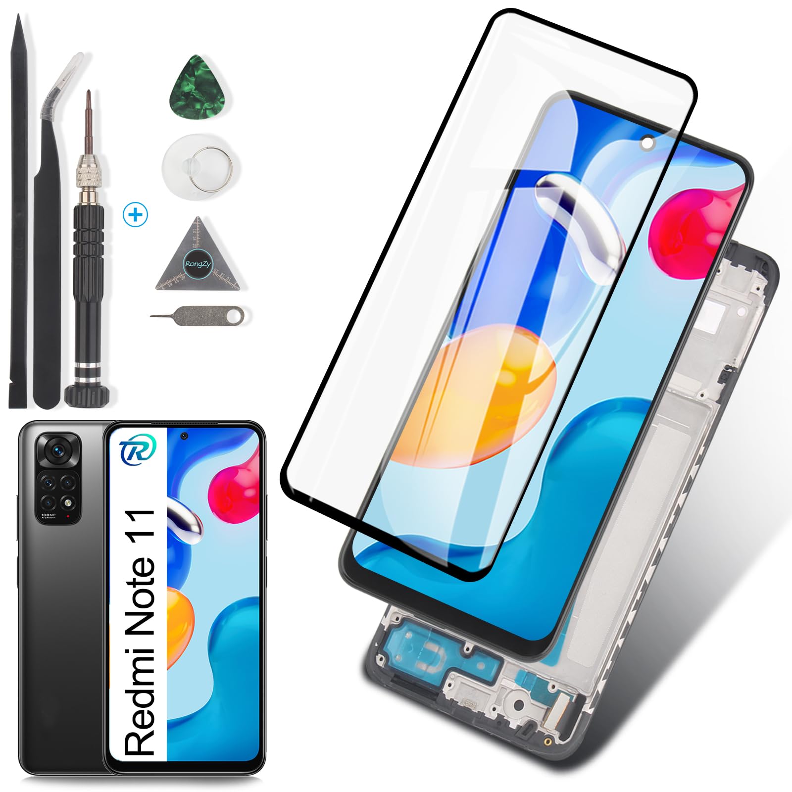 RongZy Display for Xiaomi Redmi Note 11 LCD Touch Screen Digitizer for Redmi Note 11 2201117TG, 2201117TI Replacement Assembly with Tools Kit(Black with Frame)