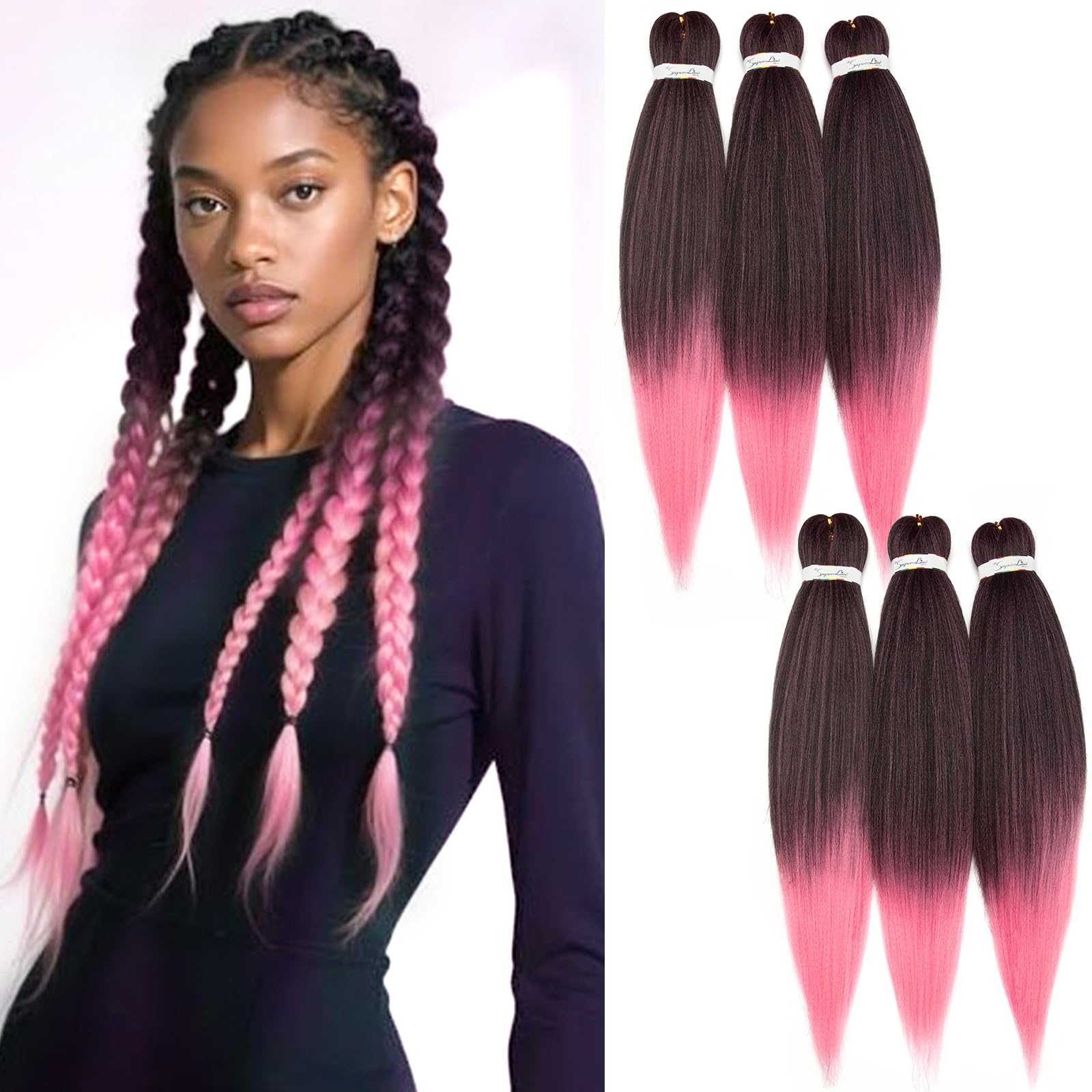 6 Pcs Easy to Braid Pre Stretched Braiding Hair 26inch Crochet Hair Extension Afro Braids Synthetic Hair Hair Hot Water Setting [Black&Pink]
