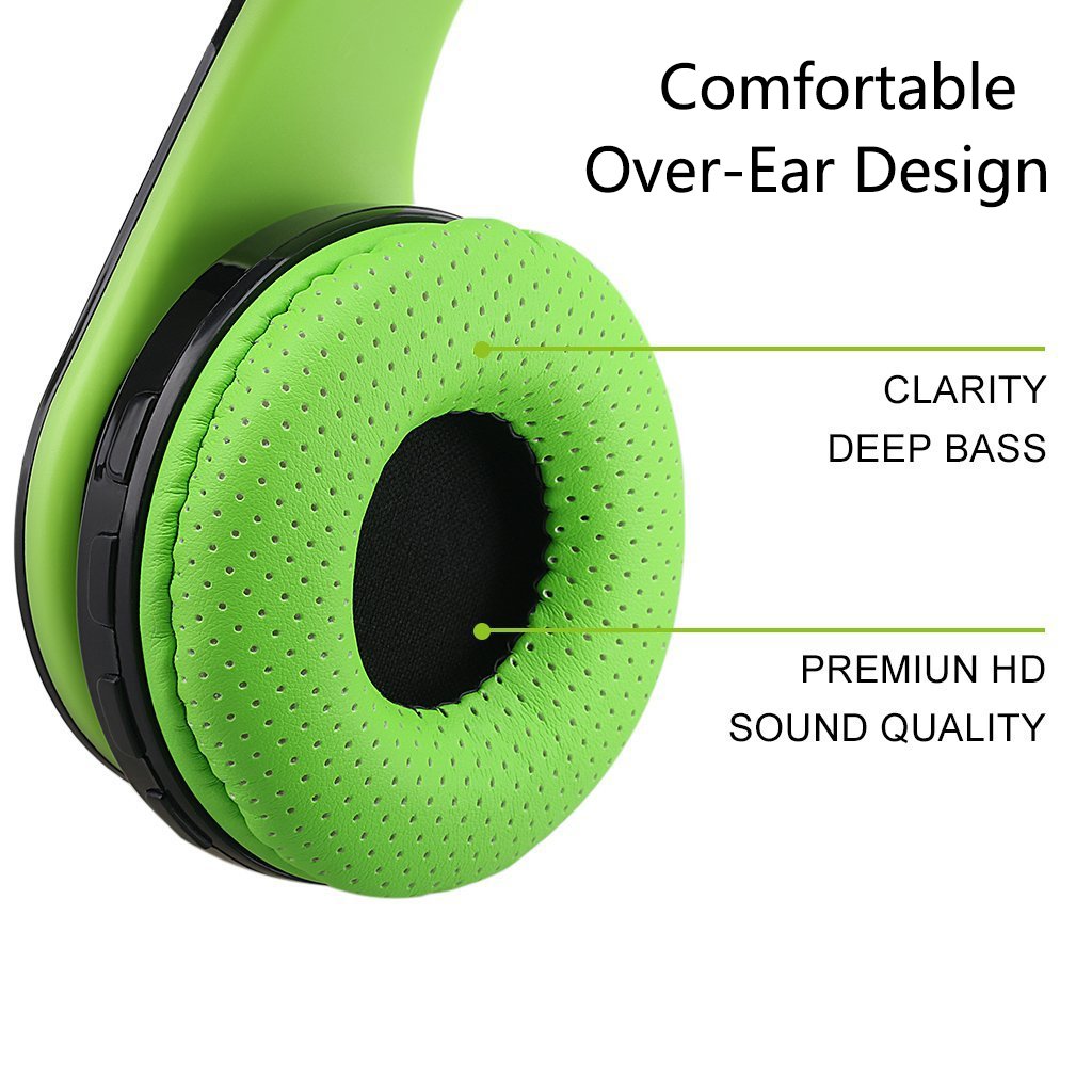 Excelvan Wireless LED Stereo Bluetooth Headphones Over Ear with Mic for Kids Children Women Men, Portable Headset Noise Isolating Headphone for iPhone 7 7plus 6s 6 5s, iPad, Samsung Galaxy (Green)