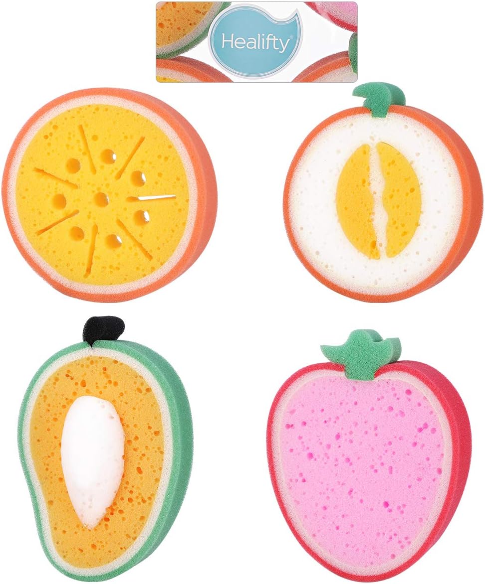 Healifty Fruit Shaped Bath Sponge Set for Kids 4Pcs Mango Honeydew Melon Strawberry Soft Exfoliating Shower Sponges for Gentle Skin Care and Fun Bath Time - Image 5