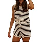 MakeMeChic Women's Summer 2 Piece Sets Striped Crochet Knit Tank Tops Shorts Set