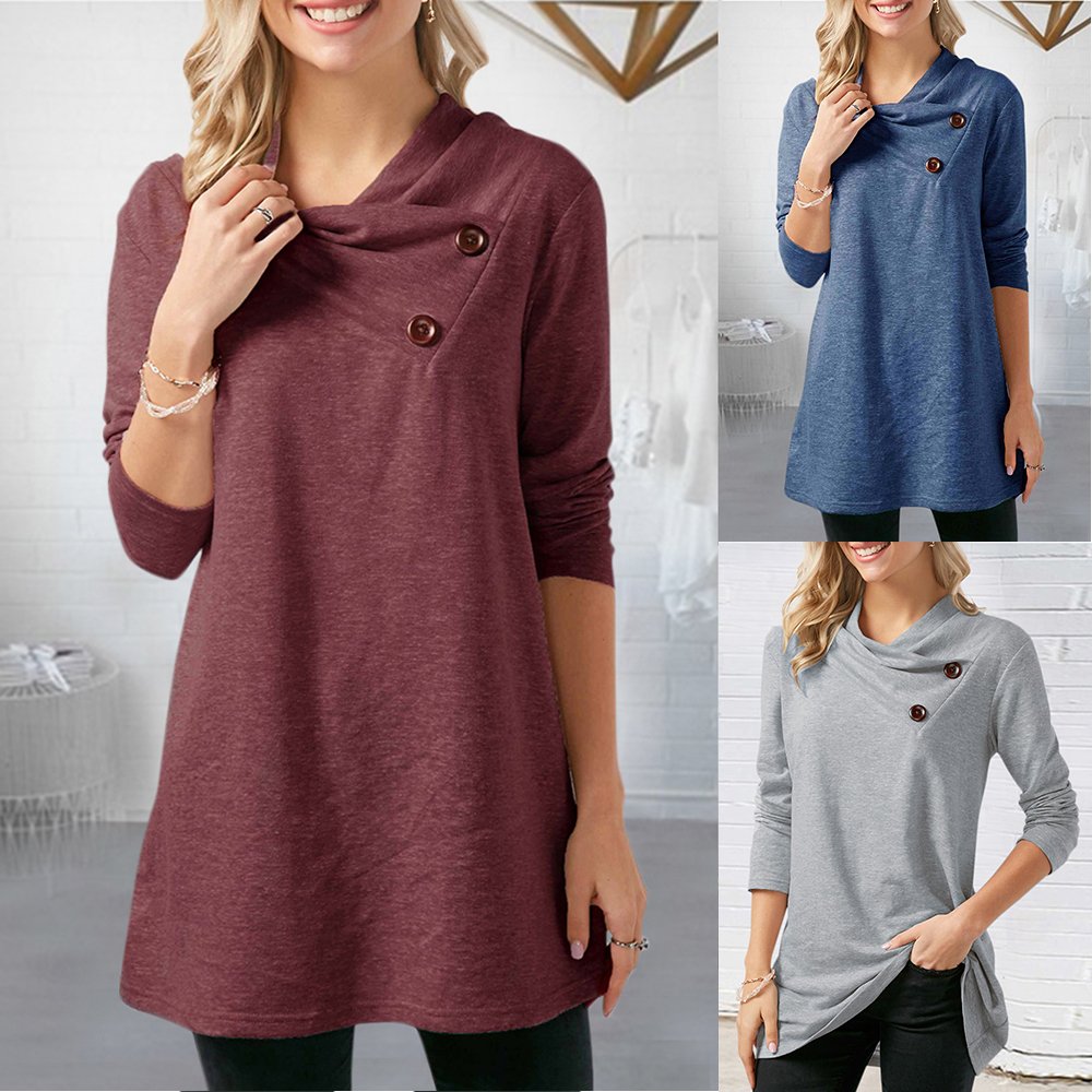Poplover Womens Long Sleeve Cowl Neck Tunic Loose Fit Tops Button Wine Red Large
