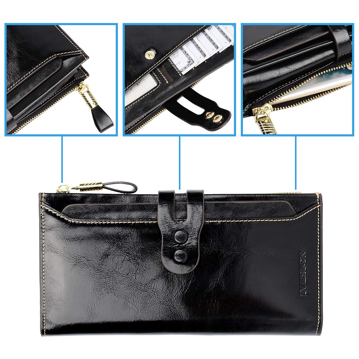 IVESIGN Womens Genuine Leather Wristlet Zipper Clutch Wallet RFID Blocking Credit Card Phone Holder Hand Purse Large Capacity (C-Black)