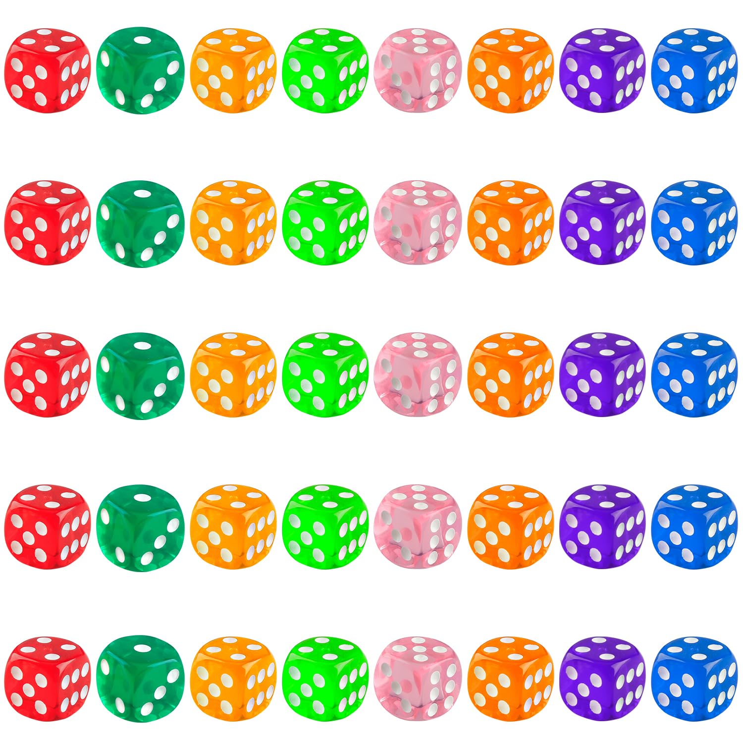 Luckious 40 PCS Colorful Transparent Acrylic Dice - Rounded Corner Dice for Board Games and Parties - Ideal for Family Fun and Children's Games
