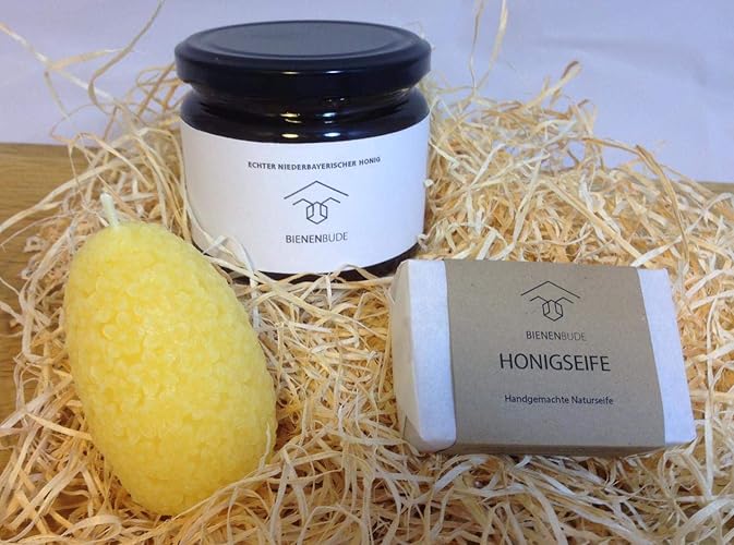Geschenkset: 1x Glas Honig, 1x Honigseife, 1x Bienenwachskerze aus 100% Bienenwachs. Handgemacht, direkt vom Imker aus Deutsc