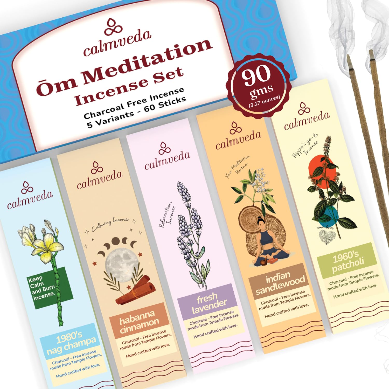 Photo 1 of ?m Meditation Incense Sticks - (5 Variants, 60 Insenses) Charcoal Free Inscents-Sticks | Nag Champa, 60s Patchouli Incense, Lavender Incense, Cinnamon & Sandalwood Incense, Perfect Care Gift