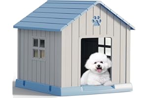 FANCYANGO Durable Dog House Indoor Outdoor for Small Medium Dogs, Weatherproof Puppy Shelter with Elevated Floor & Air Vents, Easy Clean and Assemble (Blue, 31''L*33.3''W*33.5''H)