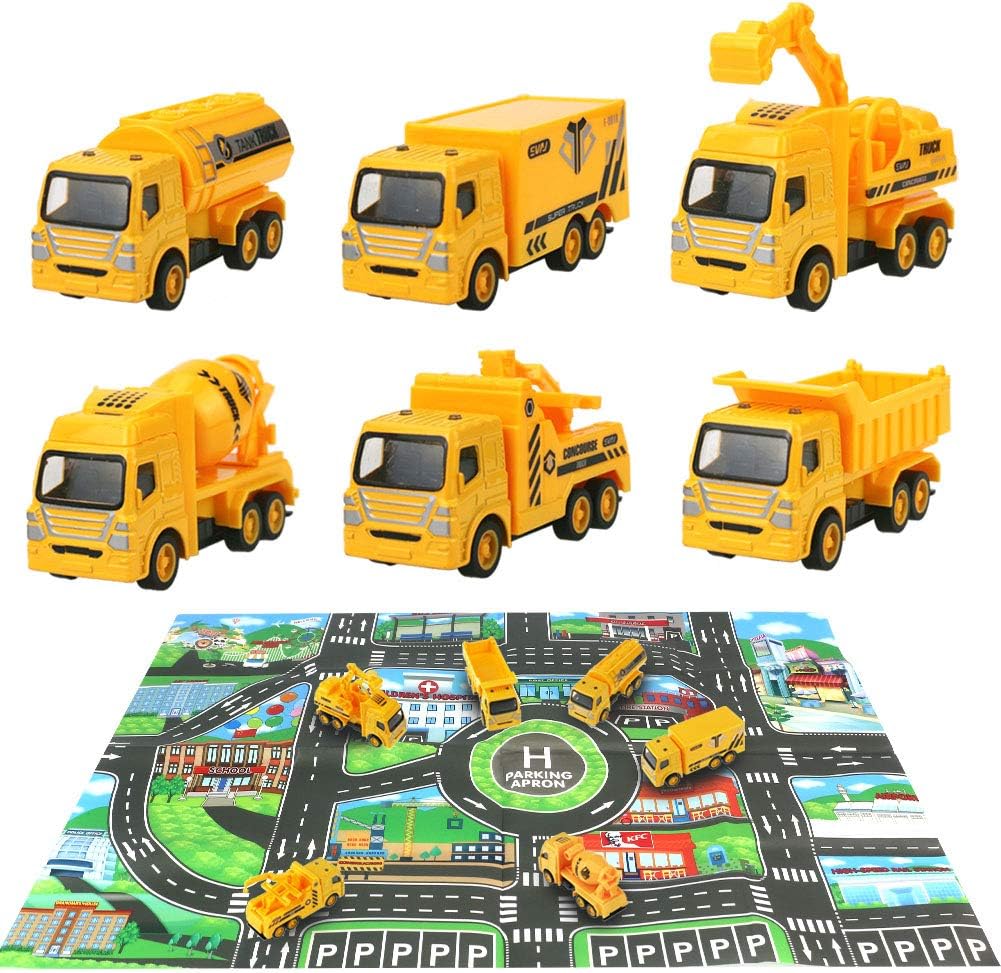 HERSITY Pull Back Construction Vehicles Toys Set Engineering Truck with Play Mat Party Favours Cake Decorations for Children