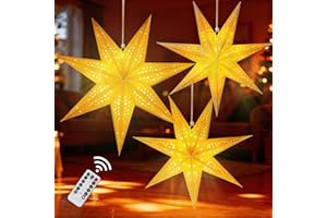 OUMUAMUA Large Paper Star Lanterns with Lights, 3D 7 Pointed Christmas Paper Lanterns, 3Pcs Foldable Decorative Christmas Hanging Decorations for Xmas Wedding New Year Party Home Decor Indoor, 24/18 Inch