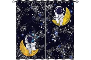 ONINUO Space Blackout Curtains for Girls Boy Home Decor, Cute Astronaut Cartoon Starry Stars Moon Grommet Thermal Insulated Drapes Darkening Window Curtain for Bedroom Living Room, 42 x 45 Inch