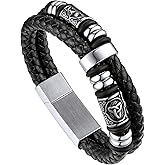 Bandmax Mens Black Double Wax Rope Cuff Bracelets Waterproof Stainless Steel Norse Style Celtic Knot Beads Bracelet Wristband Gift for Men